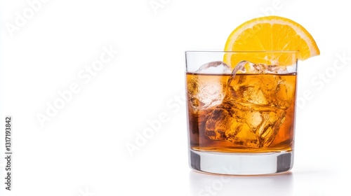 Wallpaper Mural Refreshing amber beverage with ice cubes and a lemon wedge in a rocks glass against a white background Torontodigital.ca