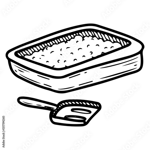 Pet toilet with filler. Hand drawn doodle. Accessory for a small dog or cat. Plastic bowl. Scoop for cleaning animal excrement. Vector line art illustration.