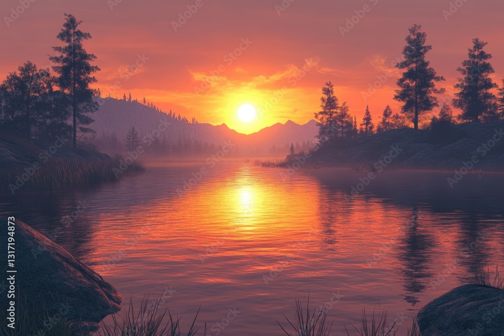 Fototapeta premium Serene sunset over a calm lake, reflecting the fiery sky and silhouetted trees.