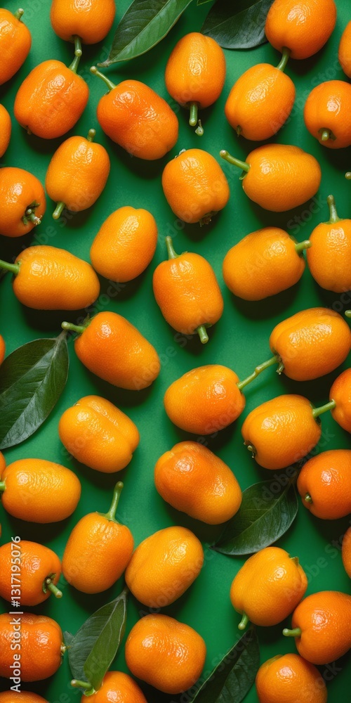 Kumquat fruit on green. Top view, flat lay