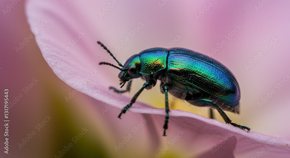 Fototapeta premium Iridescent Beetle on Pink Flower Petal Close Up Macro Shot