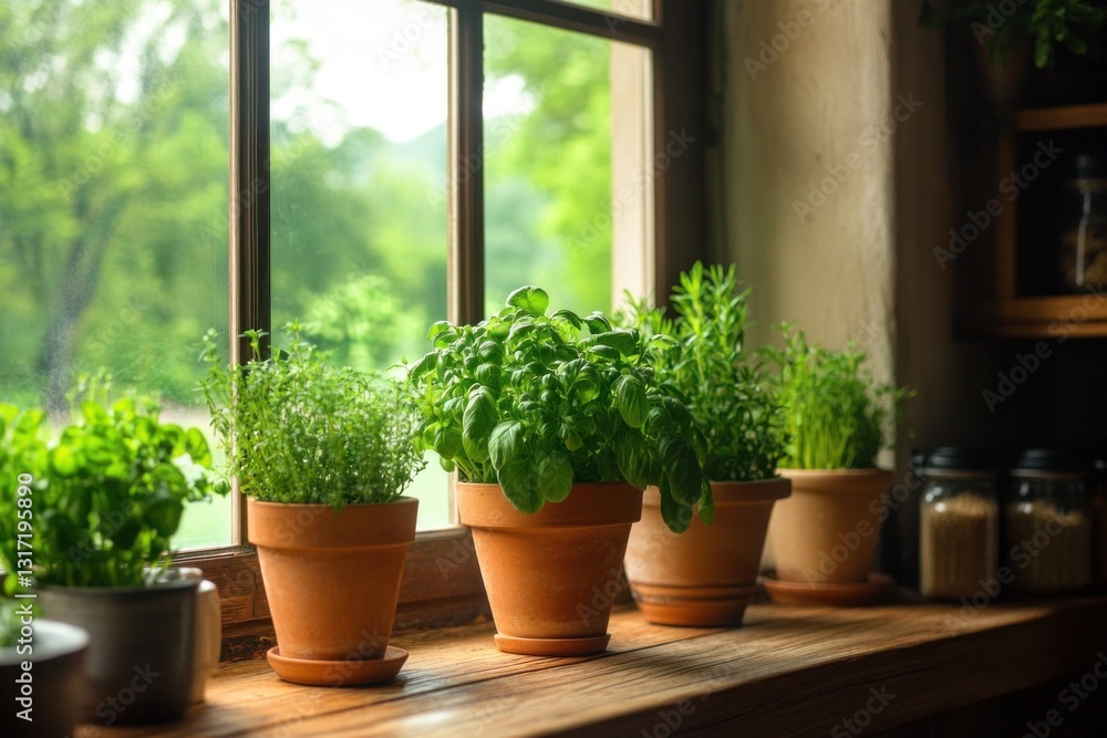 Bright herbal plants in terracotta pots line a wooden windowsill, enhancing a fresh and inviting spring ambiance with green foliage visible outside Bright herbal plants in terracotta pots line a wooden windowsill, enhancing a fresh and inviting spring ambiance with green foliage visible outside
