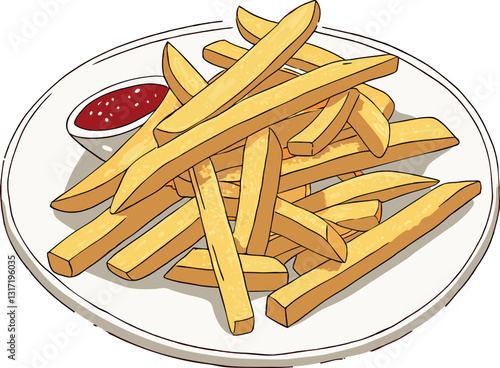 Vector illustration featuring a plate of realistic French fries with a small bowl of ketchup on the side