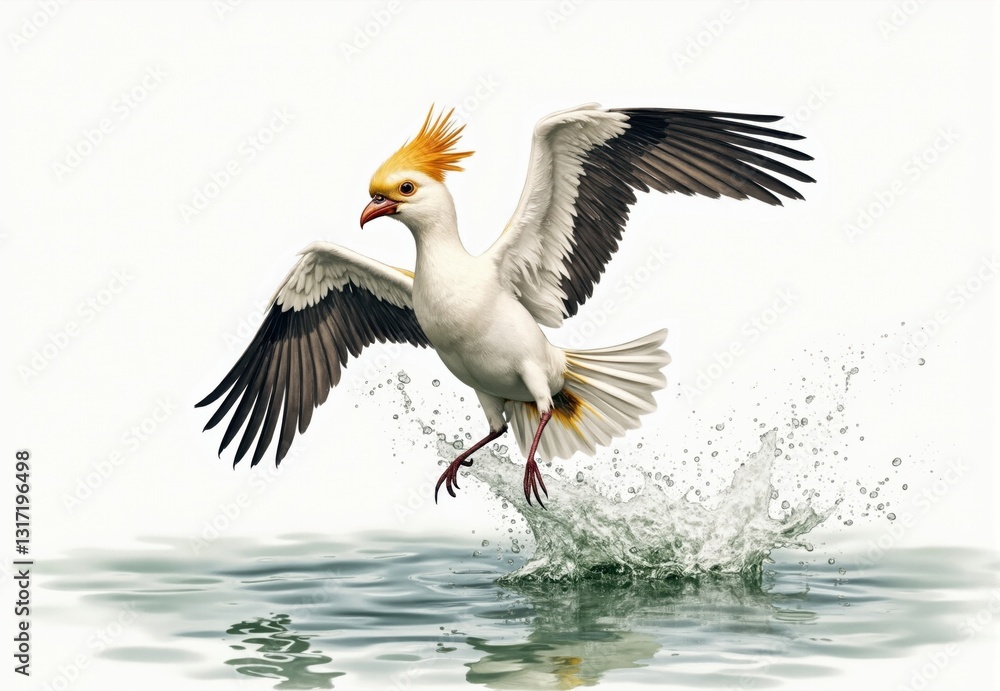 Obraz premium White Bird with Yellow Crest Taking Flight from Water