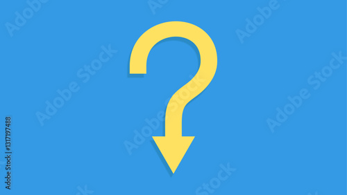 Large yellow question mark with a downward-pointing arrow integrated into the design on a solid blue background, symbolizing inquiry, direction, or uncertainty