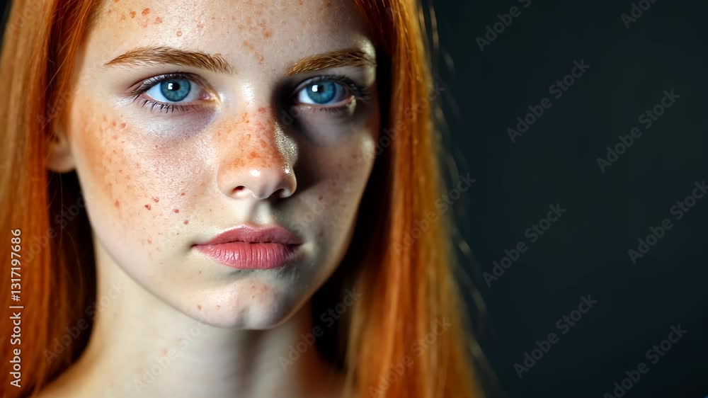 Portrait Of Young Woman With Freckles And Red Hair Against Dark Background Expressive Eyes And Thoughtful Expression Portrait Of Young Woman With Freckles And Red Hair Against Dark Background Expressive Eyes And Thoughtful Expression