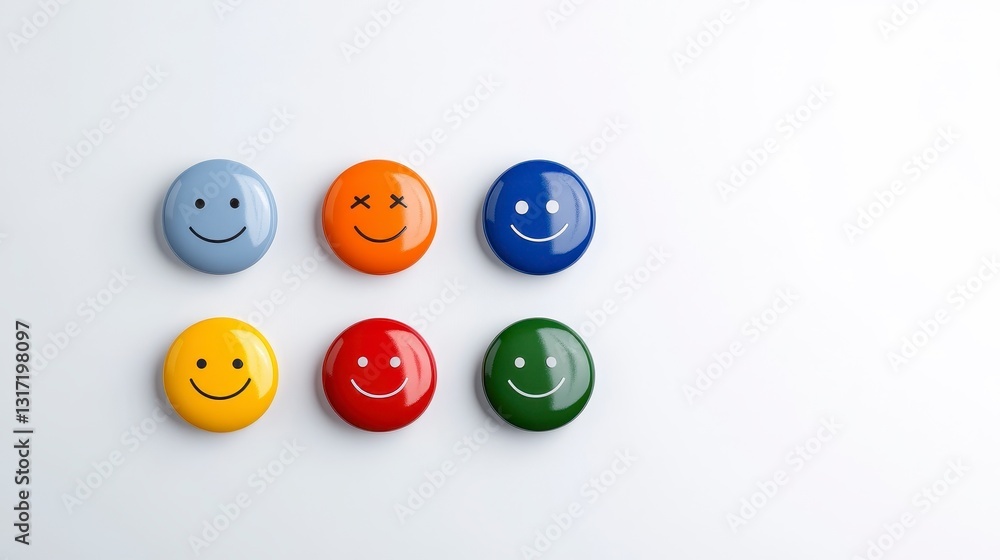 Six colorful emoticon pins arranged on a white background. Each pin displays a different facial expression Six colorful emoticon pins arranged on a white background. Each pin displays a different facial expression