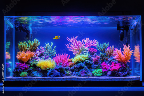 Vibrant aquarium with colorful corals and a lone fish swimming, illuminated by deep blue lighting, creating a serene underwater scene.