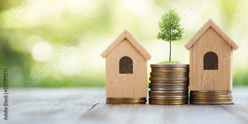 Two small wooden houses sit beside a stack of coins, with a tiny tree growing in the center, symbolizing growth and investment in real estate.