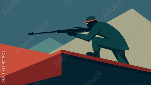Stealth Position An illustration of the sniper carefully moving into position using the shadows of a rooftop structure with the rifle held close to the body.