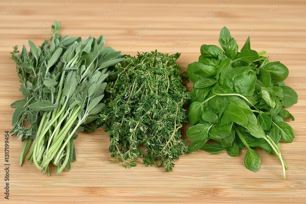 Fresh herbs including sage, thyme, and basil arranged on a wooden surface for culinary use Fresh herbs including sage, thyme, and basil arranged on a wooden surface for culinary use