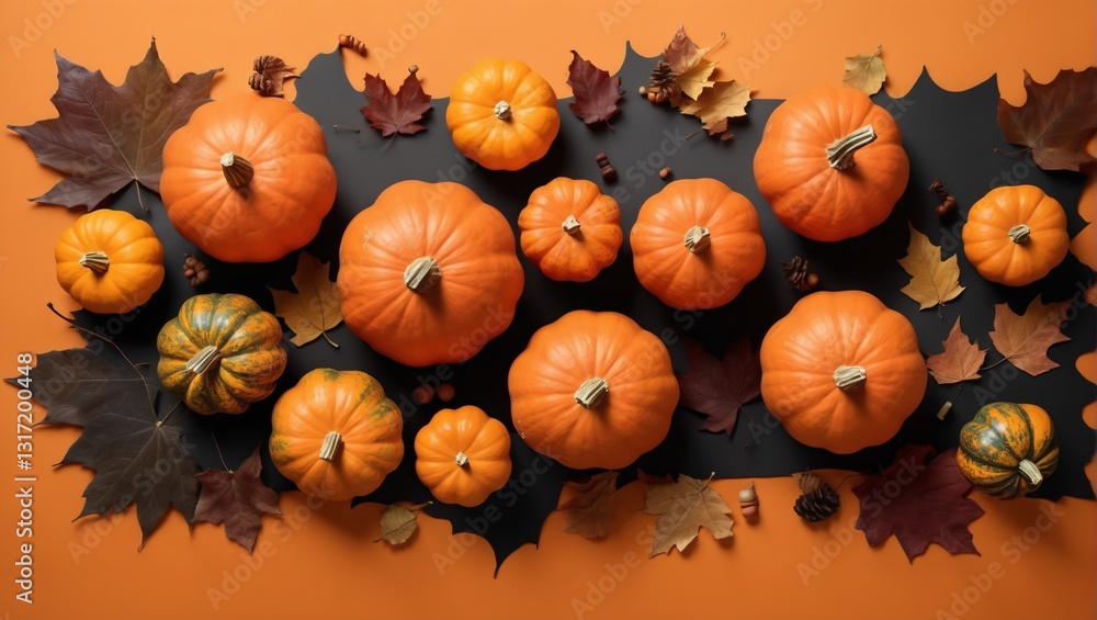 Halloween Flat Lay with Pumpkins, and Autumn Leaves on Orange Background.