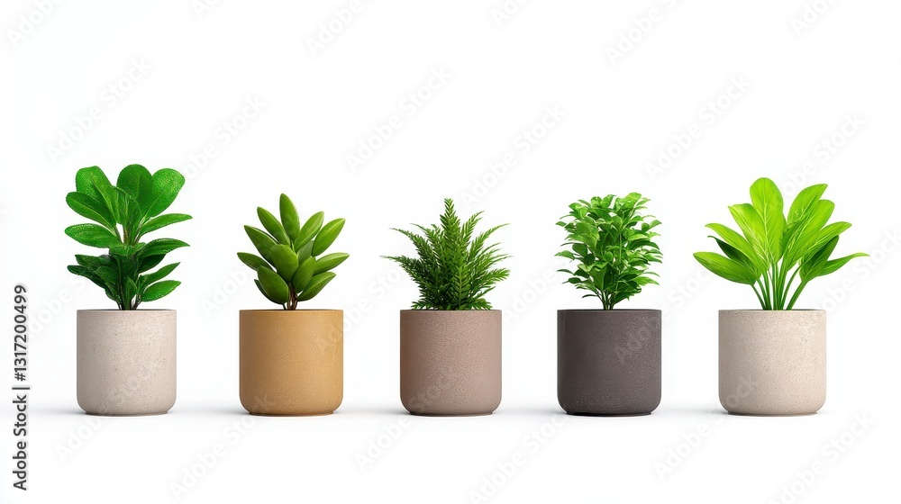 Five potted plants in various colors and textures, arranged in a row against a white background. The pots are cylindrical and made of speckled Five potted plants in various colors and textures, arranged in a row against a white background. The pots are cylindrical and made of speckled