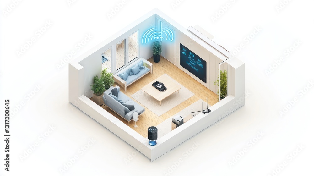 Smart Home Setup: Isometric View of Modern Living Room with WiFi and Smart Devices Smart Home Setup: Isometric View of Modern Living Room with WiFi and Smart Devices