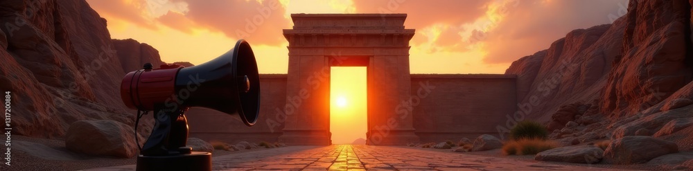 Fototapeta premium Megaphone positioned in front of ancient temple gates at sunset, grandiose, gate