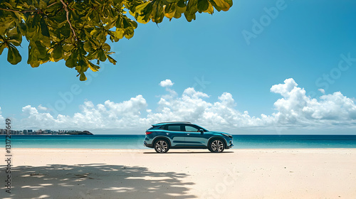 Fototapeta Naklejka Na Ścianę i Meble -  Turquoise SUV Parked On A White Sand Beach Under A Leafy Tree With A View Of The Ocean And Blue Sky With Clouds