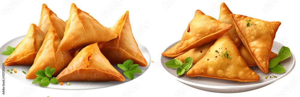Tasty fried samosas served on a plate with herbs traditional snack on transparent background Tasty fried samosas served on a plate with herbs traditional snack on transparent background