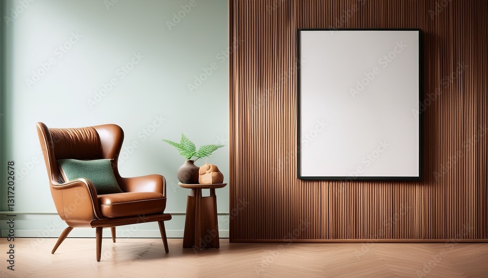 Fototapeta premium Generated image Classic armchair near paneling wall with empty poster frame with copy space. Home interior