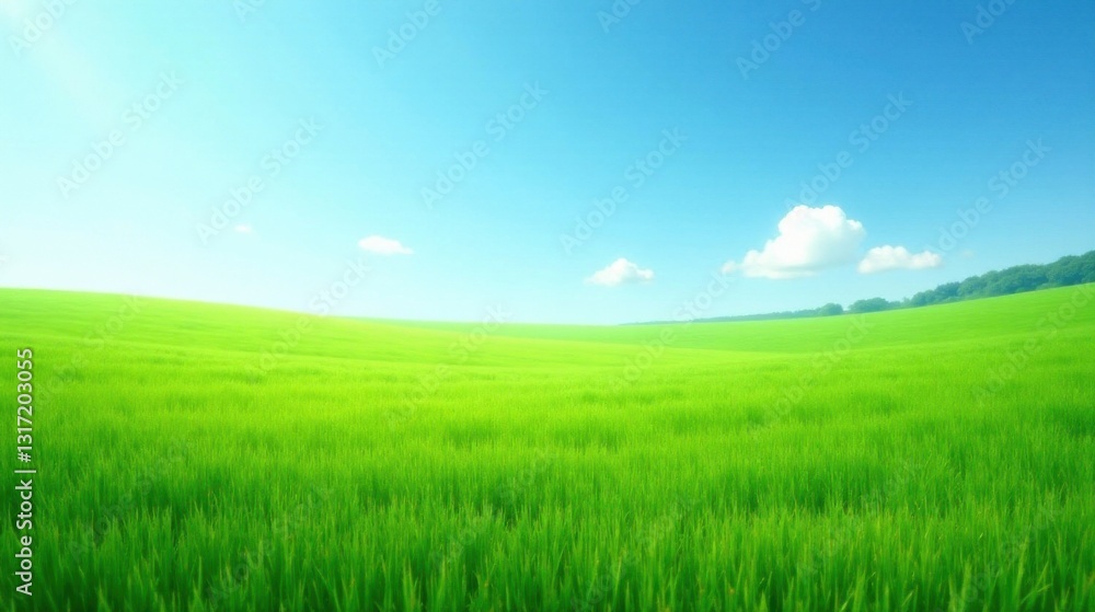 Serene Meadow Landscape Under a Bright Sunny Sky with Puffy Clouds and Distant Trees Serene Meadow Landscape Under a Bright Sunny Sky with Puffy Clouds and Distant Trees
