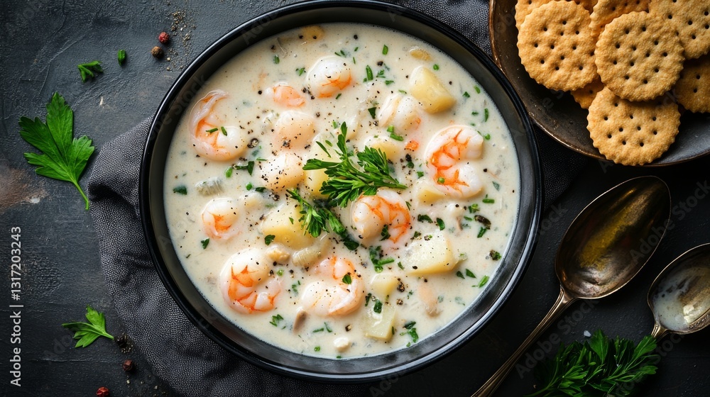 Seafood Chowder Creamy soup with shrimp, clams, and potatoes, served with oyster crackers and fresh herbs, shown from a top angle. Seafood Chowder Creamy soup with shrimp, clams, and potatoes, served with oyster crackers and fresh herbs, shown from a top angle.
