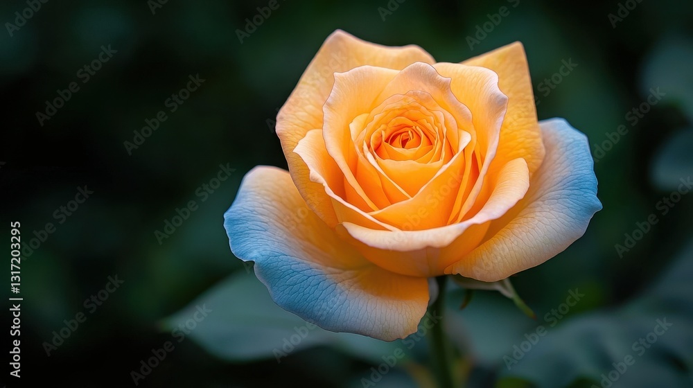 Beautiful Orange Rose with Soft Blue Edges on Dark Background Beautiful Orange Rose with Soft Blue Edges on Dark Background