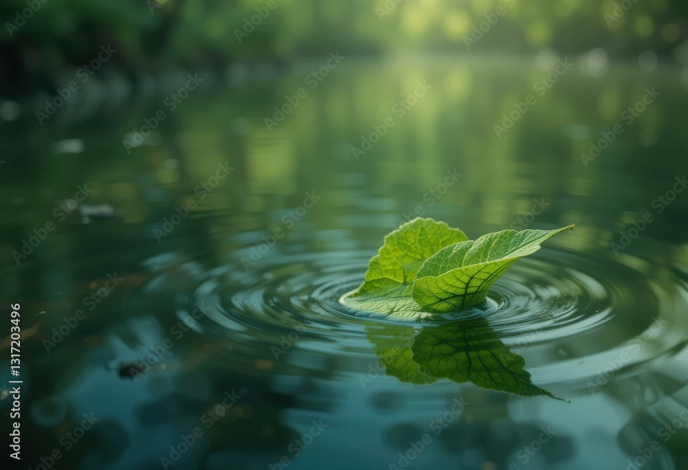 Serene Green Leaf Floating Water Ripples - Tranquil Nature Concept Earth Day Eco-Friendly Campaigns Serene Green Leaf Floating Water Ripples - Tranquil Nature Concept Earth Day Eco-Friendly Campaigns