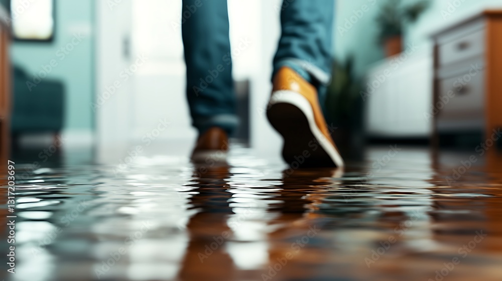 Fototapeta premium A person walks through a flooded room, reflecting water on the floor, highlighting the impact of water damage in a domestic setting.