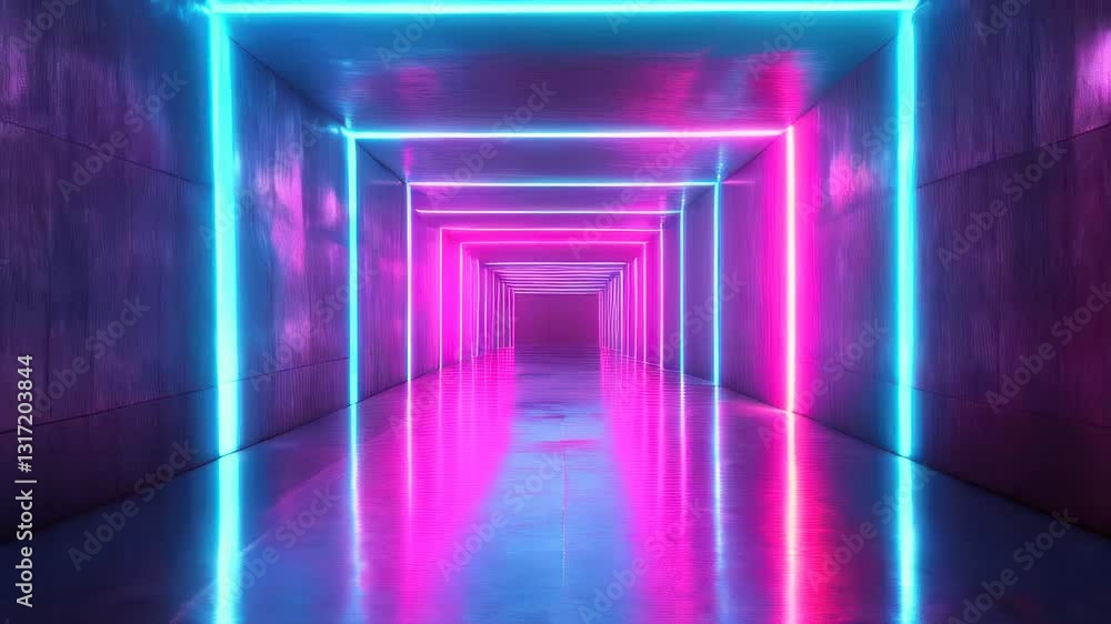 Flashing neon lights illuminate a shadowy corridor against a solid concrete backdrop Flashing neon lights illuminate a shadowy corridor against a solid concrete backdrop