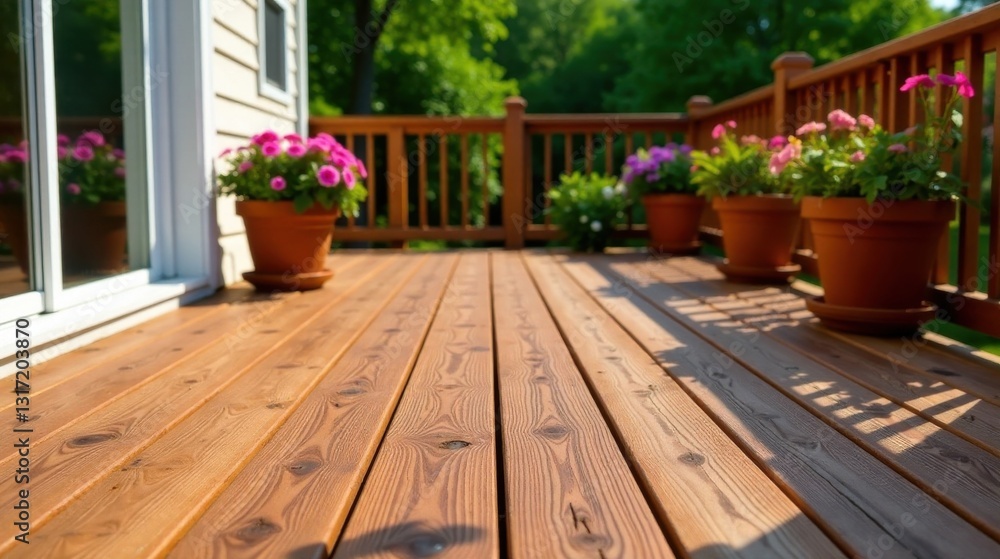 Fototapeta premium Sun-drenched Deck with Vibrant Pink Flowers in Terracotta Pots, Creating a Serene Outdoor Living Space