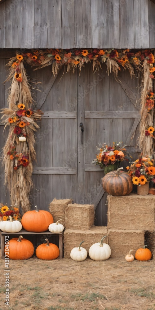 Autumn-Themed Background Backdrop Fall Flowers, Pumpkins, Gourds, Hay Bales,