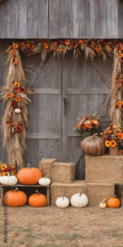 Obraz na płótnie Autumn-Themed Background Backdrop Fall Flowers, Pumpkins, Gourds, Hay Bales, w salonie