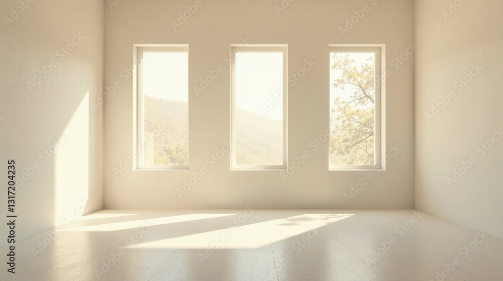 Serene Empty Room with Sunlight Streaming Through Three Large Windows Offering a Tranquil View of Distant Hills and Trees Serene Empty Room with Sunlight Streaming Through Three Large Windows Offering a Tranquil View of Distant Hills and Trees