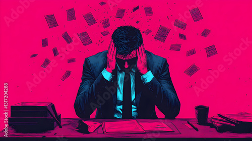 Corporate anxiety digital art on mental health in urban office environments
