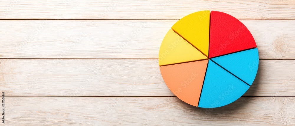 Fototapeta premium A colorful pie chart on a wooden surface, illustrating data distribution with vibrant segments in red, blue, yellow, orange, and light brown.