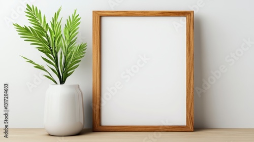 Wooden frame mockup with a white vase and green plant against a white wall. Minimalist home decor styled stock photo