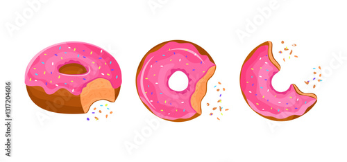 Donut with pink glaze and coloured sprinkles Bite size donuts with crumbs. Sweet pastry, dessert vector illustration donut icon on white background