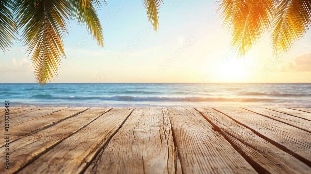 Serene Beach View with Palm Leaves and Sunset Glow Over Ocean Serene Beach View with Palm Leaves and Sunset Glow Over Ocean