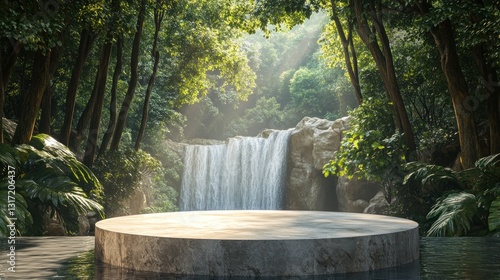 Fototapeta Naklejka Na Ścianę i Meble -  Tranquil jungle waterfall scene with a circular stone platform