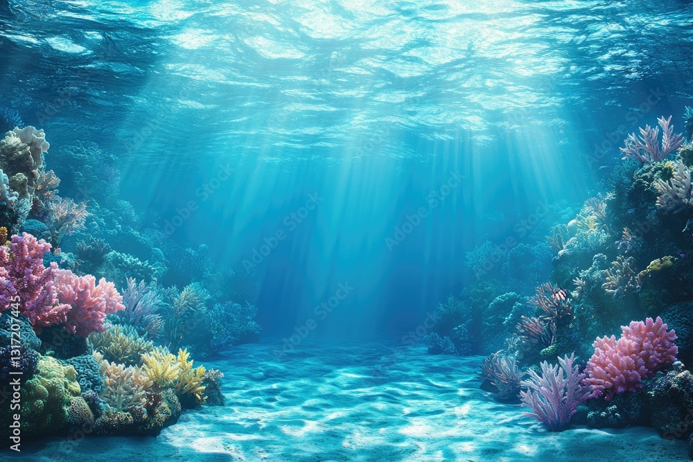 Fototapeta premium Sunbeams illuminate a vibrant underwater coral reef scene, showcasing diverse marine life and biodiversity.