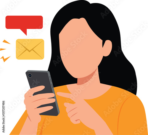 woman looking at phone, spam message, warning, email notification illustration.