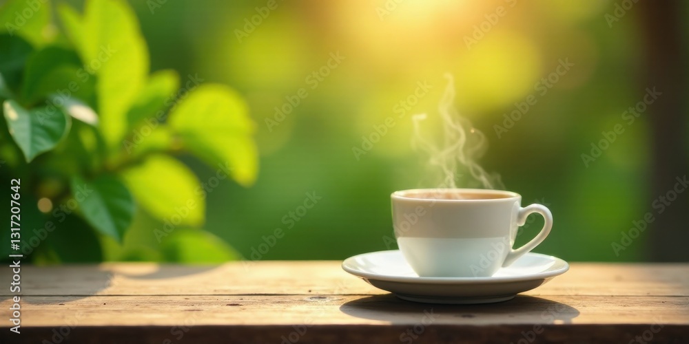 Fototapeta premium Aromatic Steam Rising from a Warm Mug on a Rustic Wooden Surface, Basking in the Soft Golden Light of a Sunny Day, Surrounded by Lush Greenery
