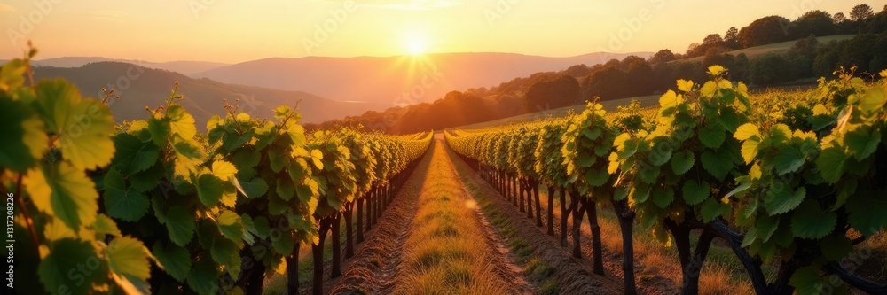 Naklejka premium Vineyard rows with ripening grapes under autumn sky, row, vineyard, hillside