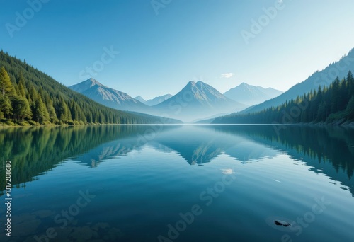 Serene Mountain Landscape Concept Clear Reflections Tranquil Lake Blue Sky - Travel Tourism Marketing, Nature Escape, Outdoor Adventure