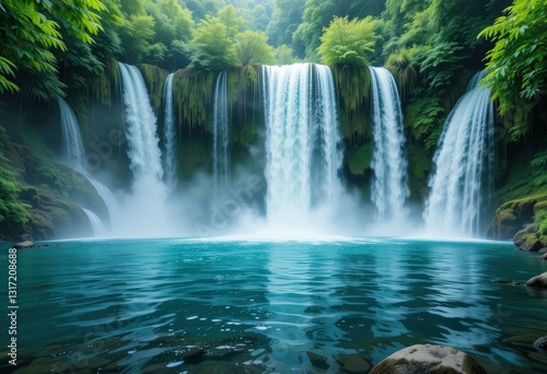 Majestic Waterfalls Lush Green Forest - Tranquil Nature Concept Eco-Tourism Adventure Travel Marketing Reflective Blue Water Surface