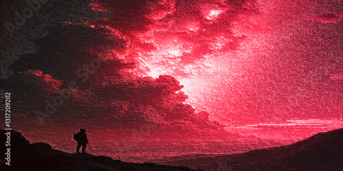 silhouette of a man walking on the mountain sunset time Red grunge wall texture winter love scratch the old wall vintage surface live dark black red light effect night mode of happiness marble unique 