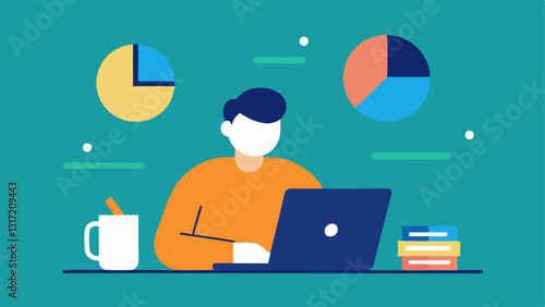 Gig Worker Budgeting A vector image of a freelancer sitting at a desk with a laptop a notepad and a pie chart analyzing their budget and expenses for the month.