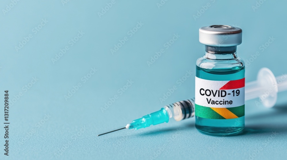 COVID-19 Vaccine Vial and Syringe on Light Blue Background COVID-19 Vaccine Vial and Syringe on Light Blue Background