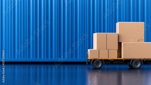 Delivery truck with stacked cardboard boxes against a blue corrugated metal wall. Reflective floor adds depth
