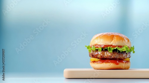 Close up of a small hamburger on a wooden cutting board against a blurred light blue background. The burger has a sesame seed bun, lettuce, tomato