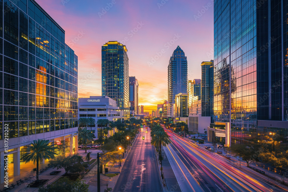 Dynamic urban skyline at sunset with illuminated skyscrapers and light trails from passing traffic, showcasing the vibrant city life and modern architecture. Dynamic urban skyline at sunset with illuminated skyscrapers and light trails from passing traffic, showcasing the vibrant city life and modern architecture.